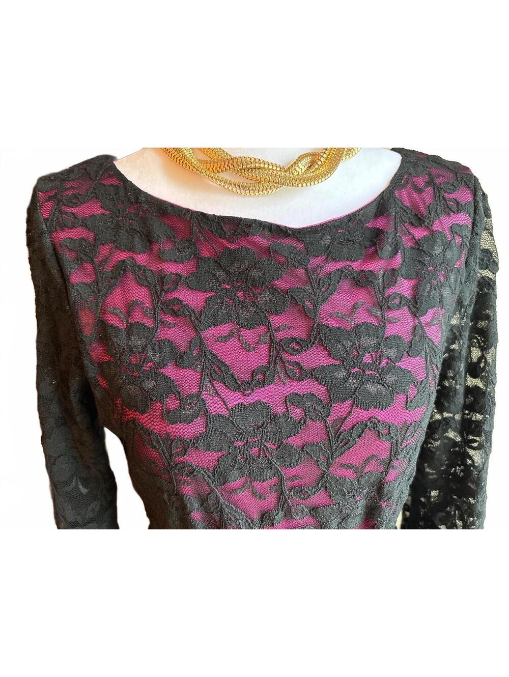 Sunny Leigh Black Lace over Pink Tie Waist Dress S